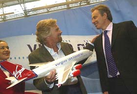 British Prime Minister Tony Blair meets Virgin Atlantic Chief Executive Officer Richard Branson on Tuesday at the Airbus plant in Blagnac, near the southwestern French city of Toulouse.