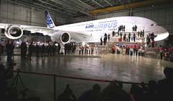 Airbus unveils its new Airbus A380 double-decker in Toulouse on Tuesday.