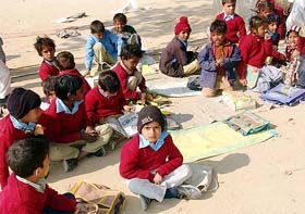 Students at the Government Primary School, Nihalsinghwala tehsil, where Mid-day Meal Scheme has been discontinued