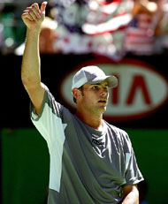 Andy Roddick of the USA reacts after winning his first round match against Georgias Irakli Labadze at the Australian Open tennis tournament in Melbourne on Tuesday