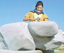 A woman sculptor from Udaipur (Rajasthan) participates in a national-level sculpture camp being held at Kalagram, Chandigarh, on Wednesday.