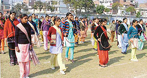 Girls rehearse for the Republic Day celebrations at the STP College for Women, Ludhiana, on Wednesday.