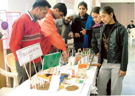 Students of Kamla Lohtia Sanatan Dharam College look at science models displayed in Ludhiana on Wednesday. 