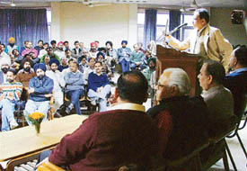 Mr N.K. Gaur, secretary, All-India Bank Employees Association, addresses delegates in Ludhiana