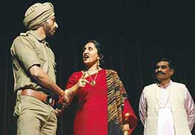 A scene from the play, Sab Se Udas Kavita, which was staged at Tagore Theatre on Thursday