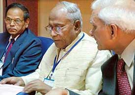 Mr Kanti Biswas, a minister in the West Bengal Government, flanked by Prof K.N. Pathak, PU VC (left) and Prof Ved Prakash, Secretary, UGC, at a workshop on The autonomy of higher education in India, orgnised by the UGC at Panjab University on Thursday.