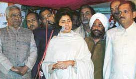 Minister of State for Urban Employment and Poverty Alleviation Kumari Selja addresses an election rally in Ambala on Thursday