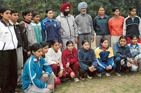 Members of the handball team of Indian universities after their final selection at the Panjab University campus in Chandigarh