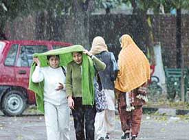 Students of the Government College for Girls, Sector 42, Chandigarh, cover themselves to escape from rain in Chandigarh on Saturday.