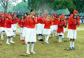 Students rehearse for the Republic Day function in biting cold in Ludhiana on Saturday