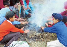 Schoolchildren gather around a fire to save themselves from biting cold in Ludhiana on Saturday