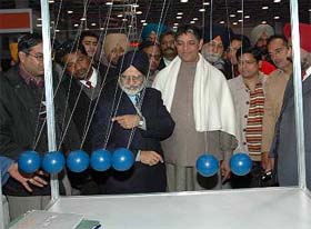 Officers of Pushpa Gujral Science City, Kapurthala, take Mr Rakesh Pandey, Minister of State for Science and Technology and Industrial Training, for a round of the exhibition