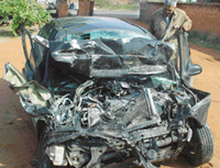 The condition of the car, which was hit by a Haryana Roadways bus on the Kalka-Zirakpur highway, on Sunday