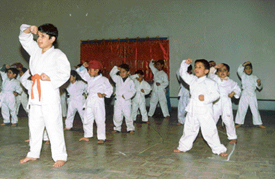 Students of Aanchal International School, Sector 41-D, Chandigarh, attend a karate class.
