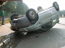 A car overturned in Phase VIII, Mohali here on Sunday. The driver reportedly lost control of the vehicle due to pebbles on the road. The driver was  unhurt. 
