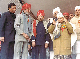 The Delhi Chief Minister, Ms Sheila Dikshit, being felicitated by the Delhi Gram Vikas Panchayat at the Mahipalpur chowk in the Capital on Sunday.