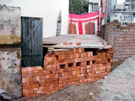 A basement being reconstructed after having been demolished by the MC staff in December last year, at the Maharani Jhansi road in Ludhiana