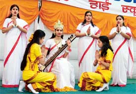 Students of Rashtriya Bal Vidya Mandir perform Saraswati Vandana at the annual prize distribution function held in Ludhiana