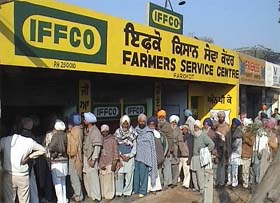 Farmers queue up for urea outside the IFFCO office on the Ferozepore road in Faridkot.