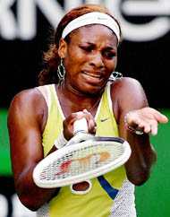 Serena Williams of the USA reacts to a line call during her fourth round match against Nadia Petrova of Russia at the Australian Open in Melbourne on Sunday