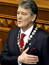 Ukrainian President Viktor Yushchenko sings the national anthem during his inauguration ceremony at the Parliament Hall in Kiev on Sunday