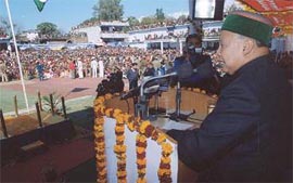Himachal Pradesh Chief Minister Virbhadra Singh speaks at a state-level function organised to mark Statehood Day at Dharamsala on Tuesday.