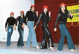 Students perform a dance number at the old students get-together at the Government College for Women in Ludhiana on Tuesday