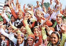 Girls of the Government Senior Secondary School, Sector 8, after getting the first prize at the Republic Day function held at Parade Ground in Chandigarh