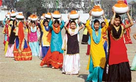 Girls present a dance programme at the Republic Day function at the Government College for Boys, Ludhiana, on Wednesday