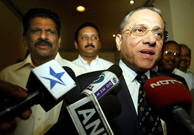 Former BCCI President Jagmohan Dalmiya addresses mediapersons while Board Secretary S.K Nair looks on before the concluding session of the Boards annual general meeting in Kolkata on Thursday
