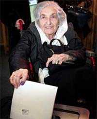 Iraqi citizen 83-year-old Shukria Abdul Kadir, who left Baghdad two years ago, casts her vote in the Iraqi General Election