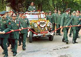 Western Command officers giving a warm send-off to Lieut-Gen J.J. Singh, GOC-in-C and Army Chief- designate by pulling an open jeep in Chandimandir on Saturday