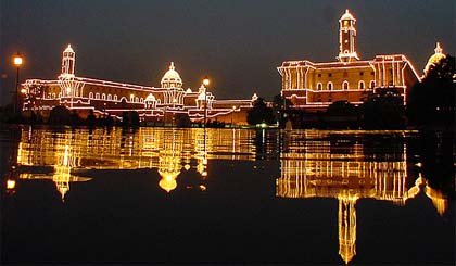 The illuminated Raisina Hill during the Beating of the Retreat at Vijay Chowk New Delhi