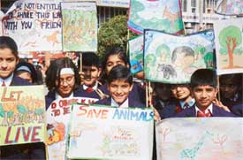 Students of Saupins School, Sector 32, Chandigarh, hold an awareness rally