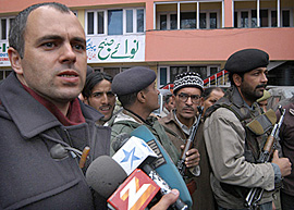 National Conference President Omar Abdullah talks to mediapersons in Srinagar on Sunday.