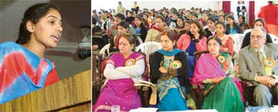 A participant during a declamation contest at SDP College, Ludhiana, on Monday