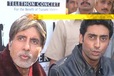 Bollywood mega star Amitabh Bachchan and his son Abhishek at the launch of Help! Telethon concert website to bid for film memorabilia and also to collect donations for the Prime Ministers Relief Fund to help tsunami victims, in Mumbai on Tuesday.