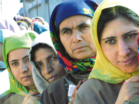 Kashmiri women voters wait in long queues at a polling station in Srinagar for the Municipal Corporation elections on Tuesday.