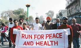 Students participate in Run for Peace held to mark the annual athletics meet of the Dayanand Medical College and hospital in Ludhiana