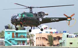 Chetan, the re-engined and upgraded version of the Chetak helicopter, during a test flight session at the Hindustan Aeronautical Limited airport near Bangalore on Tuesday.