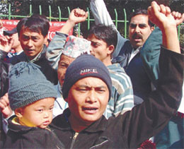 Nepalese citizens demonstrating against the dismissal of the democratic government in Nepal at Jantar Mantar in the Capital