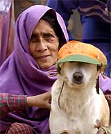A woman voter and her pet dog wait outside a polling station in Sanghi on Thursday