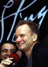 British musician Sting smiles during a Press conference in Bangalore on Thursday