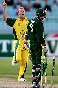Australias Brett Lee celebrates as Pakistans Yousuf Youhana is bowled during the first tri-series final in Melbourne on Friday.