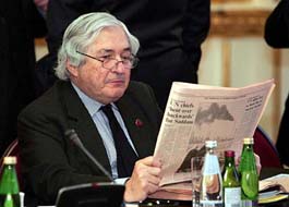 World Bank President James Wolfensohn reads a newspaper at Lancaster House in London ahead of the continuation of the G-7 Finance Ministers and Central Bank Governors meeting on Saturday. On the sidelines, Britain and India have signed the UK-India Financial Dialogue. The key agreement was signed by Indian Finance Minister P. Chidambaram and British Chancellor Gordon Brown yesterday.
