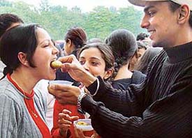 Friends enjoy golgappas at a food festival at MCM DAV College, Sector 36, Chandigarh, on Saturday. 