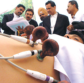 A lawyer being examined at a free medical camp organised by New Delhi Bar Association at the Patiala House Court complex in the Capital on Saturday