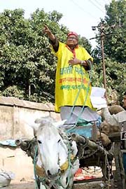 Independent candidate from the Patna Central Assembly constituency, Mr Nagarmal Bijoria, on his way to file his papers in Patna on Saturday