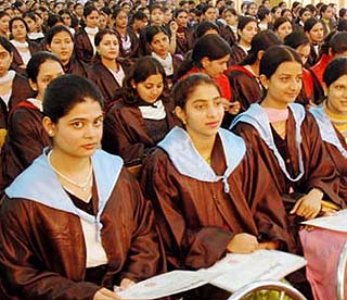 Students of Ramgarhia Girls College after getting degrees at the annual convocation of the college in Ludhiana on Saturday. 