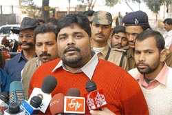 Rajesh Ranjan, alias Pappu Yadav, RJD MP from Madhepura, who resigned from the primary membership of the party, talks to the media in Patna on Sunday.